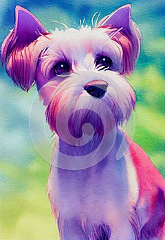 Watercolor portrait of cute Biewer Terrier dog.