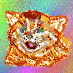 Watercolor portrait of cute funny red kitten-tiger cub on bright colorful square background