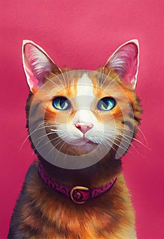 Watercolor portrait of cute Manx cat.