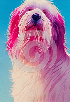 Watercolor portrait of cute Old English Sheepdog.