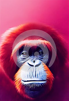 Watercolor portrait of cute orangutan Asian land animal.