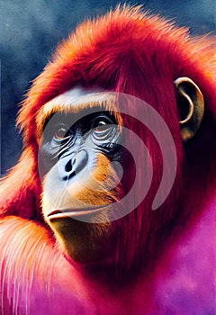 Watercolor portrait of cute orangutan Asian land animal.