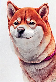 Watercolor portrait of cute Shiba Inu Dog.