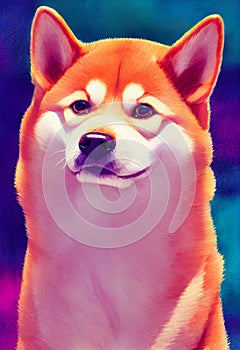 Watercolor portrait of cute Shiba Inu Dog.