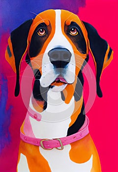 Watercolor portrait of cute Treeing Walker Coonhound dog.