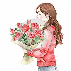 Watercolor Portrait of a Cute Woman Holding a Bouquet of Roses AI Generated