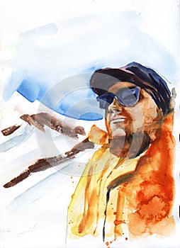 Watercolor portrait of fashionably dressed bearded man against background of snow-capped peaks of Elbrus and blue sky. Hand drawn