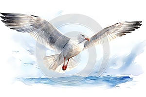 Watercolor portrait of a flying seagull before blue sky, isolated on white background