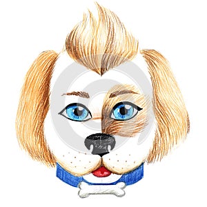 Watercolor portrait of funny cartoon blue-eyed puppy with tongue stuck out in cute collar with a bone. Pencil stroke