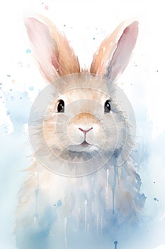 Watercolor portrait of a gentle rabbit with blue backdrop