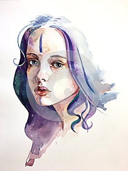 Watercolor portrait girl with violet hair