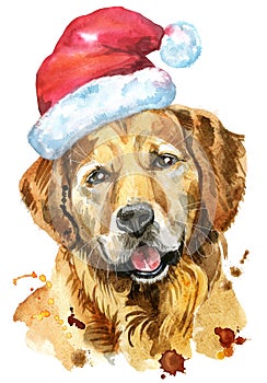 Watercolor portrait of golden retriever with Santa hat