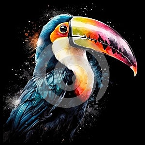 Watercolor portrait of a gorgeous toucan peacock in colorful, bright, vibrant, and trippy colors
