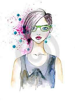 Watercolor Portrait of Hipster Girl