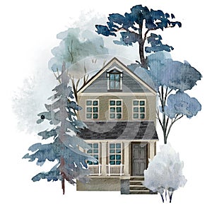 Watercolor portrait of house in the winter trees