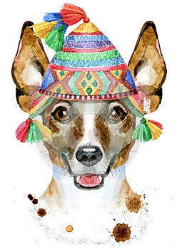 Watercolor portrait of jack russell terrier in chullo hat