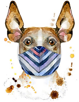 Watercolor portrait of jack russell terrier in medical face mask
