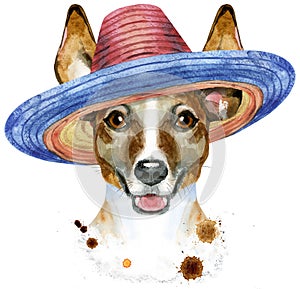 Watercolor portrait of jack russell terrier in sombrero