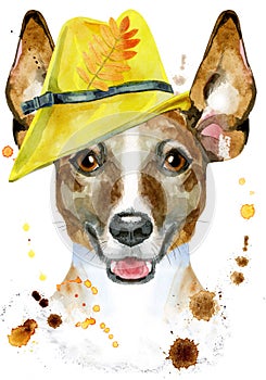 Watercolor portrait of jack russell terrier in yellow hat