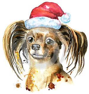 Watercolor portrait of long-haired toy terrier with Santa hat