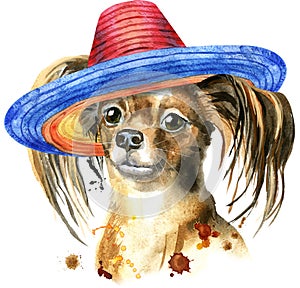 Watercolor portrait of long-haired toy terrier with sombrero