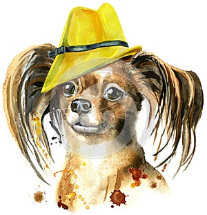 Watercolor portrait of long-haired toy terrier with a yellow elegant hat