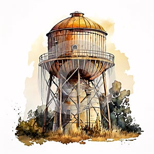 Watercolor Portrait of an Old Watertower Covered in Lush Green Vines AI Generated