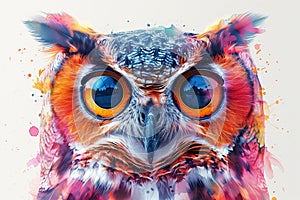 Watercolor portrait of an owl close-up front view on a white background.