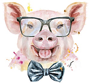 Watercolor portrait of pig with bow-tie and glasses