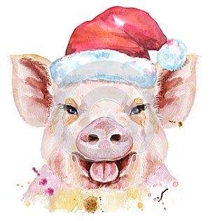 Watercolor portrait of pig in Santa hat