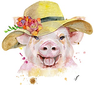 Watercolor portrait of pig with summer hat