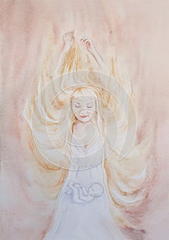 Watercolor portrait of pregnant woman with embryo baby in belly