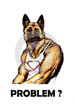 Watercolor portrait of pumped up German Shepherd breed dog on white background. Muscle jock dog