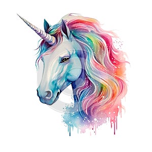 watercolor portrait of rainbow unicorn on the white background