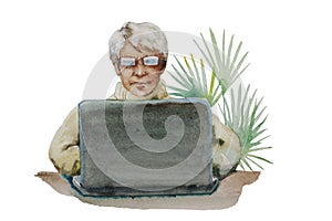 Watercolor portrait of a Senior woman in front of a laptop computer, with green palm plant on background. Journalist or