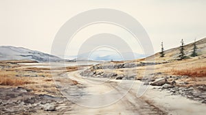 Watercolor Portrait: Serene Tundra Road With Muted Minimalist Composition