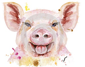 Watercolor portrait of smiling pig