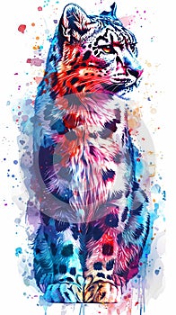 Watercolor portrait of snow leopard face isolated