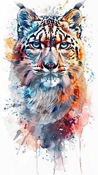 Watercolor portrait of snow leopard face isolated