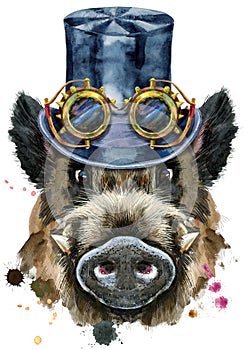 Watercolor portrait of wild boar with black hat topper and steampunk glasses