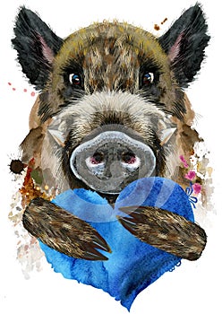 Watercolor portrait of wild boar with blue heart
