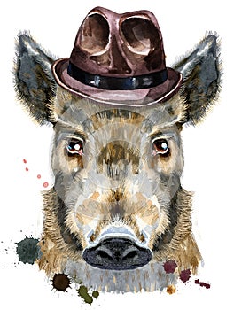 Watercolor portrait of wild boar with brown hat