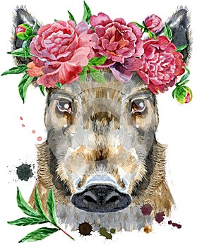 Watercolor portrait of wild boar with flower
