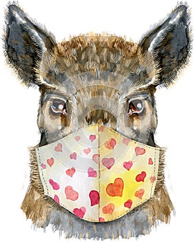 Watercolor portrait of wild boar in a medical protective mask