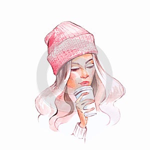 Watercolor portrait of young girl in warm hat