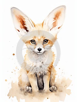 Watercolor Portrayal of a Fennec Fox with Large Ears AI Generated