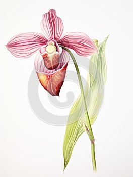 Watercolor Portrayal of the Lady\'s Slipper Orchid Flower on a White Canvas AI Generated