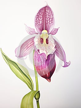 Watercolor Portrayal of the Lady\'s Slipper Orchid Flower on a White Canvas AI Generated