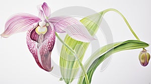 Watercolor Portrayal of the Lady\'s Slipper Orchid Flower on a White Canvas AI Generated