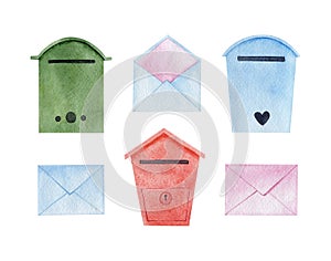 Watercolor postboxes and envelopes set